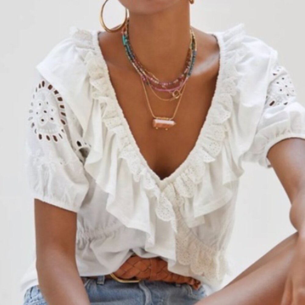 Anthropologie Forever That Girl White Ruffled Eyelet Top XL - Cottagecore Boho